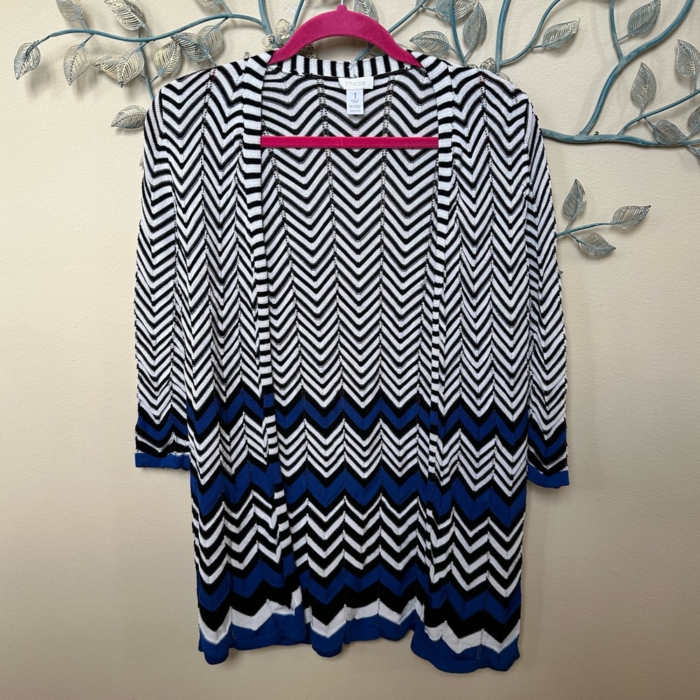 Chico's 1 Blue, White & Black Open Cardigan